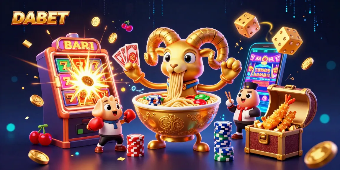 DABET engages players in a vibrant casino scene with a giant ramen bowl dealer amidst a jackpot explosion.