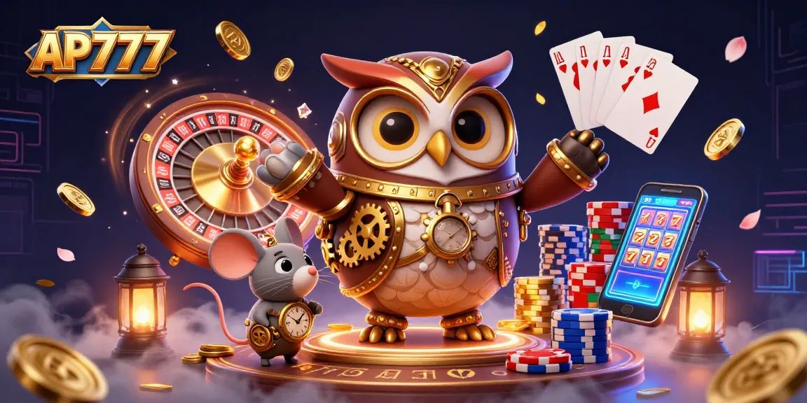 Experience the thrill of winning at AP777 with a vibrant casino scene featuring a steampunk owl and dynamic gaming elements.