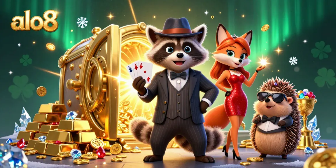 Experience winning moments with alo8 as a suave raccoon and a glamorous fox meet in a vibrant casino scene.