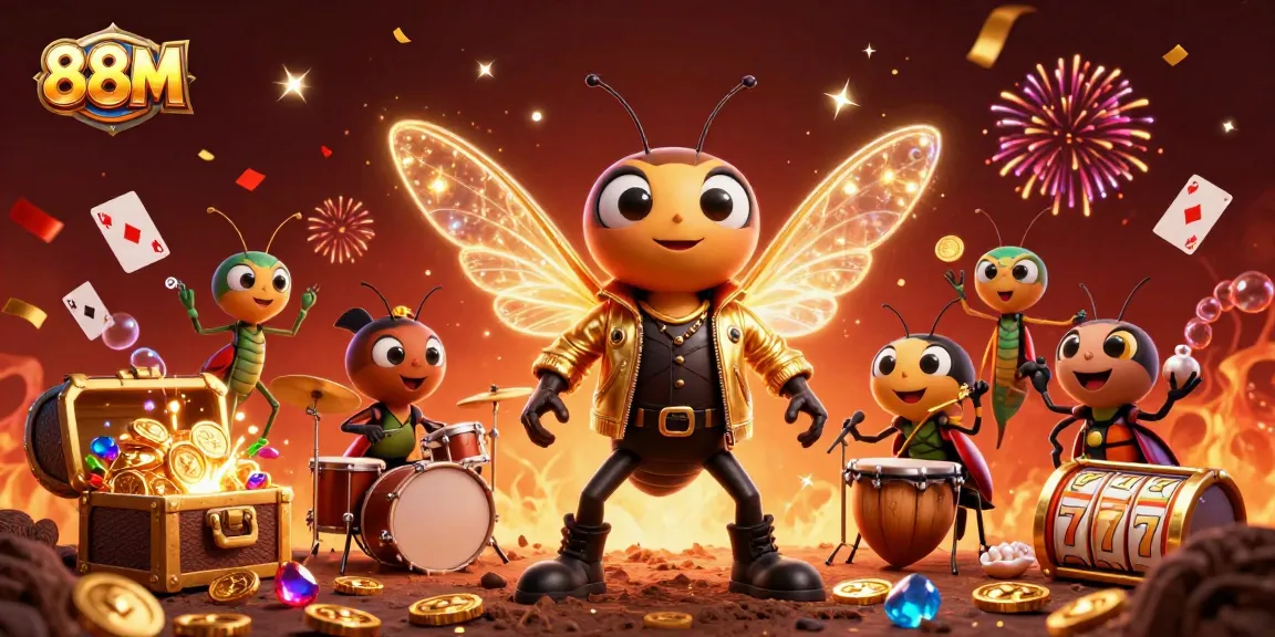 Experience the excitement of 88M with a vibrant casino scene featuring characters, slot reels, and gold treasure.