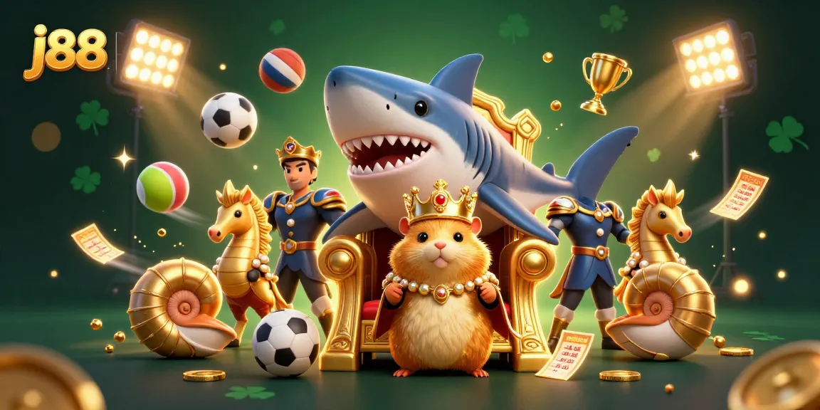 Experience thrilling j88 action with a golden hamster king and sports elements in vibrant detail.