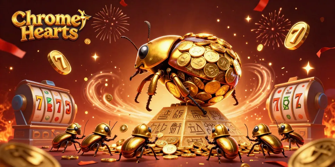 Experience Chrome Hearts-inspired thrills with a dazzling scene of golden beetles in a vibrant casino atmosphere.