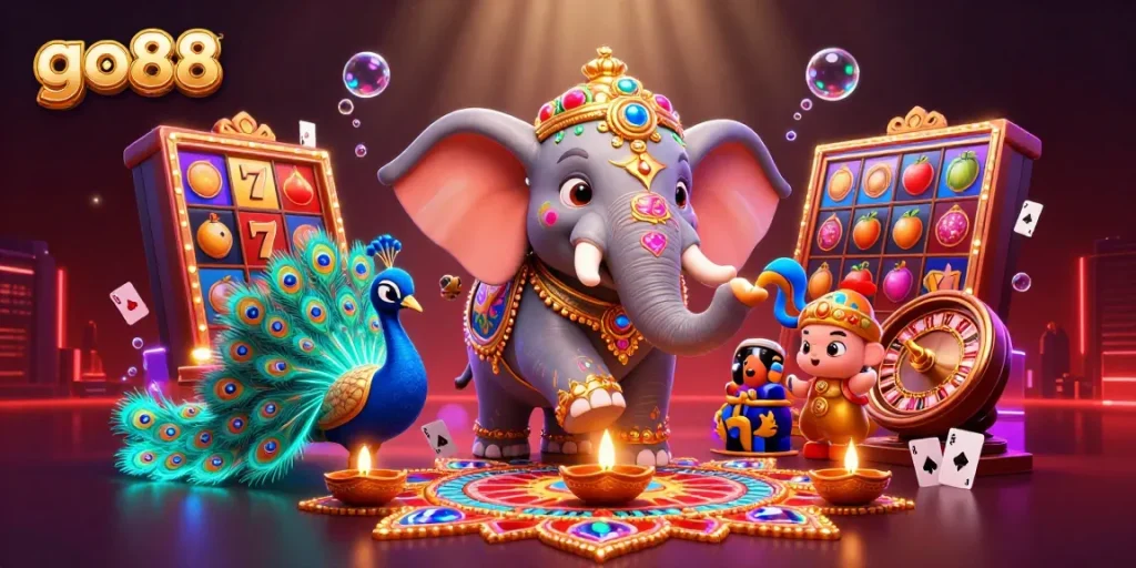 Spin and win jackpots at go88 with colorful 3D visuals of vibrant casino elements and festive characters.