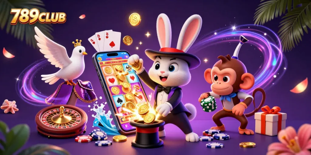 Experience thrilling jackpots at 789CLUB with a magical scene of a magician rabbit, dove, and monkey surrounded by casino elements.
