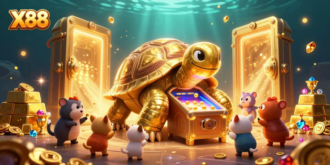 Experience the thrill of X88 as tiny golden balls bounce around a colossal tortoise pinball machine in this vibrant casino scene.