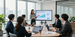 Business professionals discussing Square merchant cash advance options in a modern conference room.