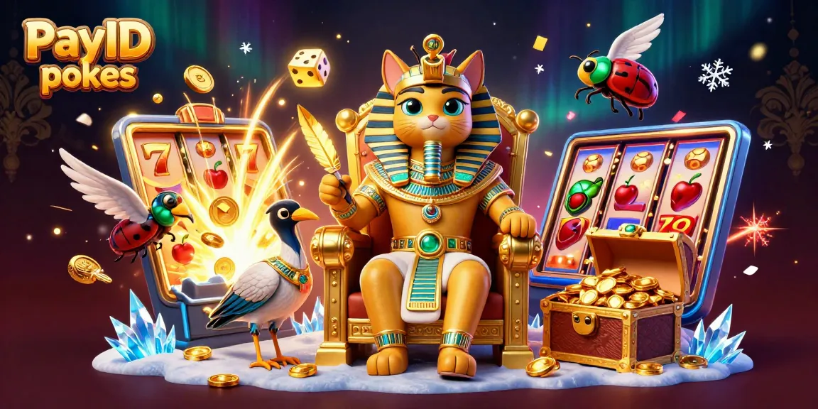 Experience thrilling PayID pokies with this vibrant illustration featuring a pharaoh cat and casino elements
