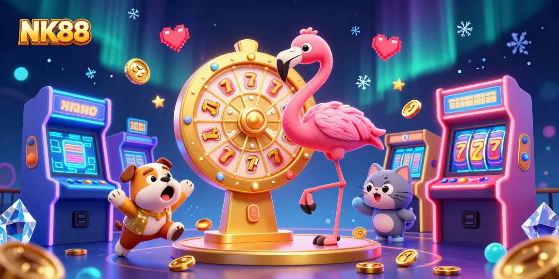 Engage in winning slots at NK88 with a vibrant game show host and excited contestants.