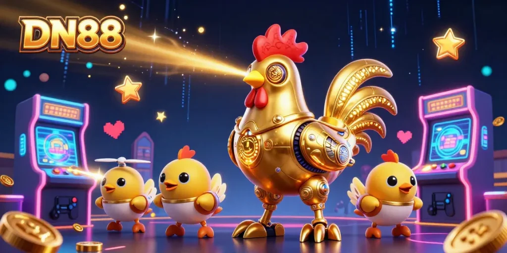 Experience thrilling gaming at DN88 with a golden rooster robot and flying chicks in a vibrant casino scene.