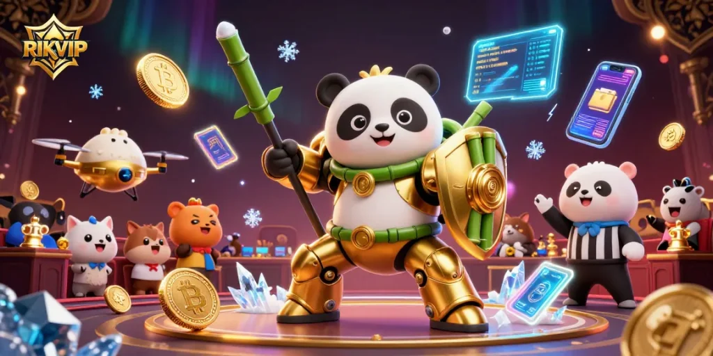 RIKVIP showcases thrilling gambling action with a golden panda robot in an energetic casino arena.