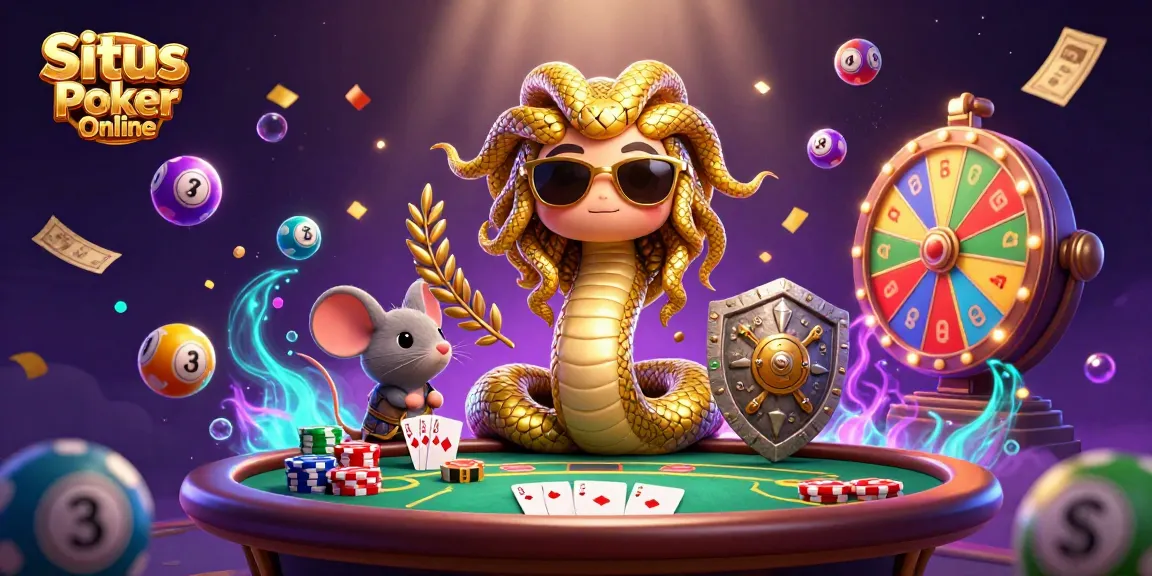 Situs Poker Online showcases a vibrant poker scene with Medusa, a warrior mouse, and dynamic game elements.