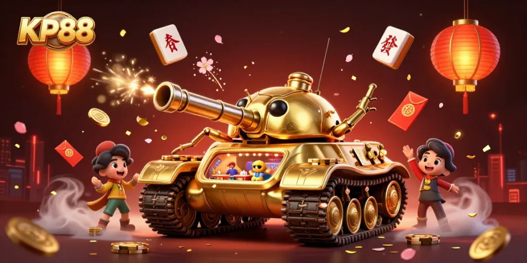 Enjoy the exciting adventures at KP88's miniature casino within a golden beetle tank bursting with vibrant elements.
