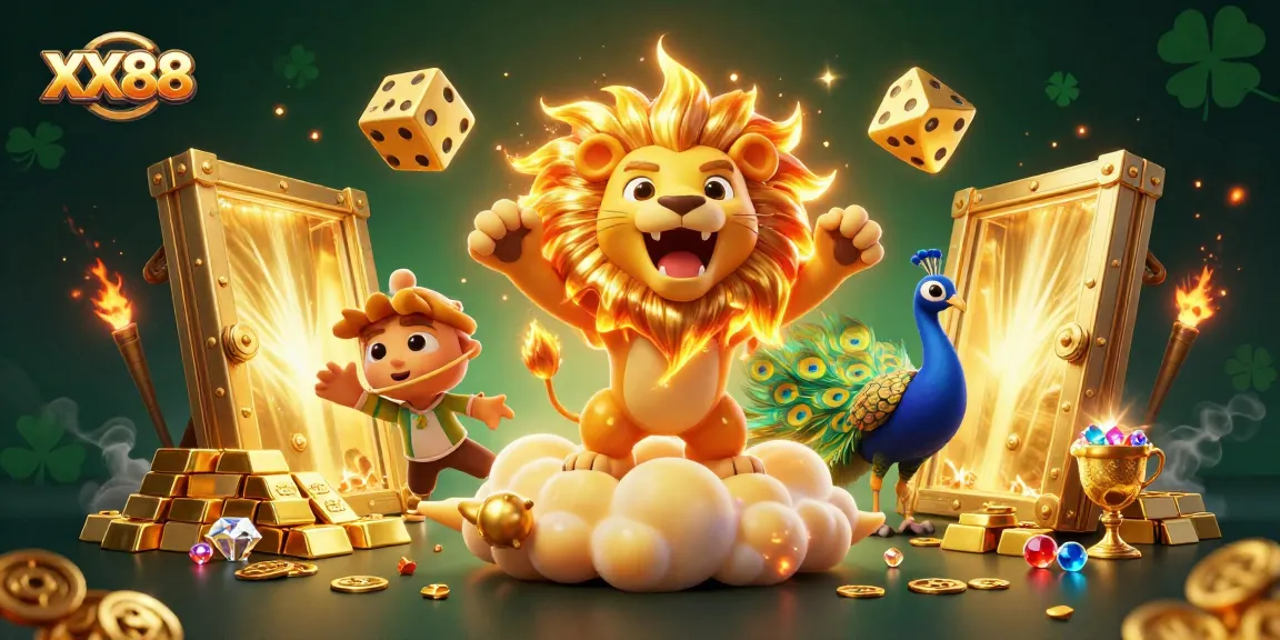 Experience thrilling action at XX88 with a vibrant 3D illustration showcasing golden treasures and the excitement of gambling.