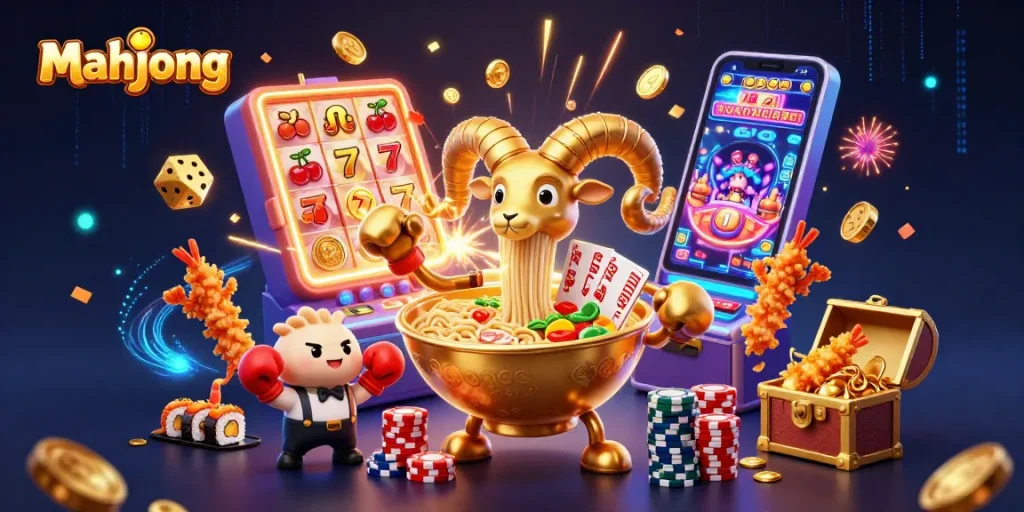 Spin the mahjong slots with vibrant energy, featuring a ramen bowl dealer and exciting jackpot elements.