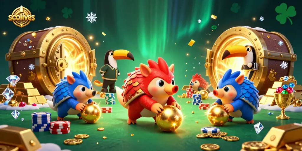 Socolives features rival pangolins rolling golden balls through poker chips in dynamic casino illustration.