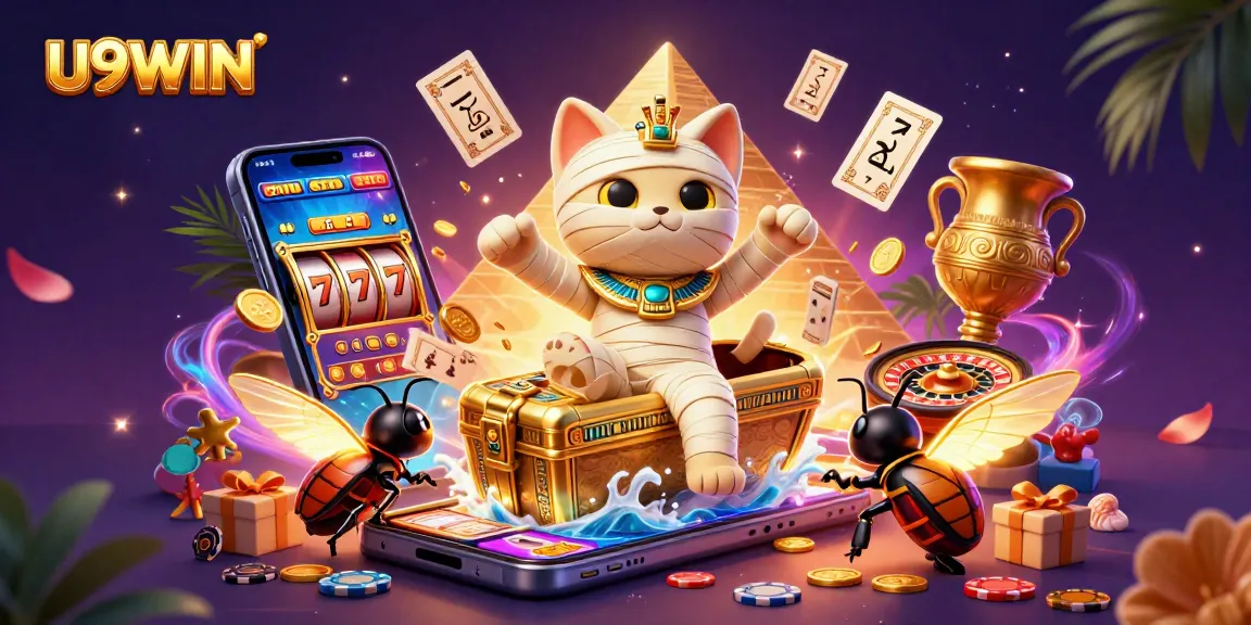 Experience U9WIN excitement with a dynamic casino scene featuring a mummy cat, glowing scarab, and floating cards.