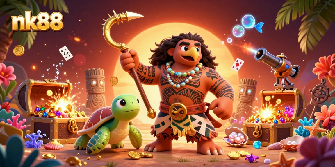 Engage in thrilling gameplay at nk88, featuring vibrant characters amidst underwater treasures and casino elements.