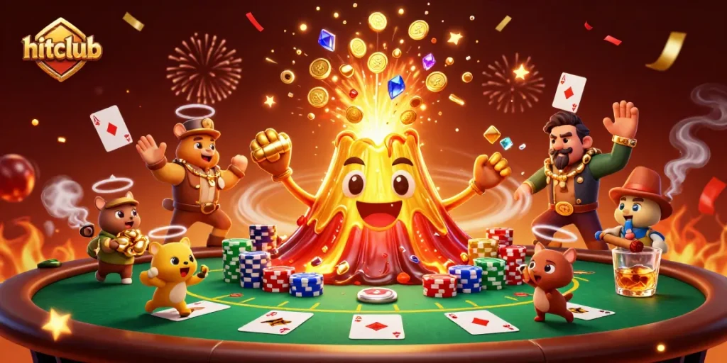 Hitclub's triumphant golden volcano erupts coins and gems in a vibrant casino scene.