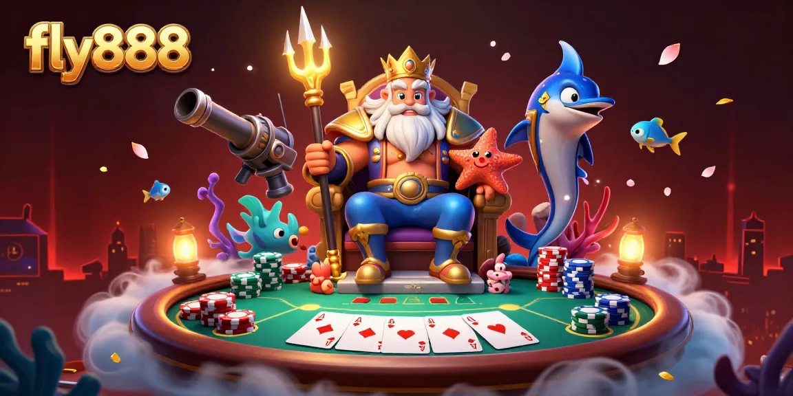 Experience the excitement at fly888 with Neptune and sea creatures in a colorful casino scene.