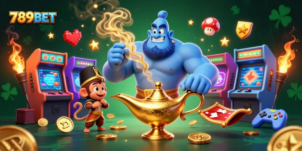 Experience big wins with 789BET through dynamic casino games illustrated with a mighty genie and poker-themed elements.