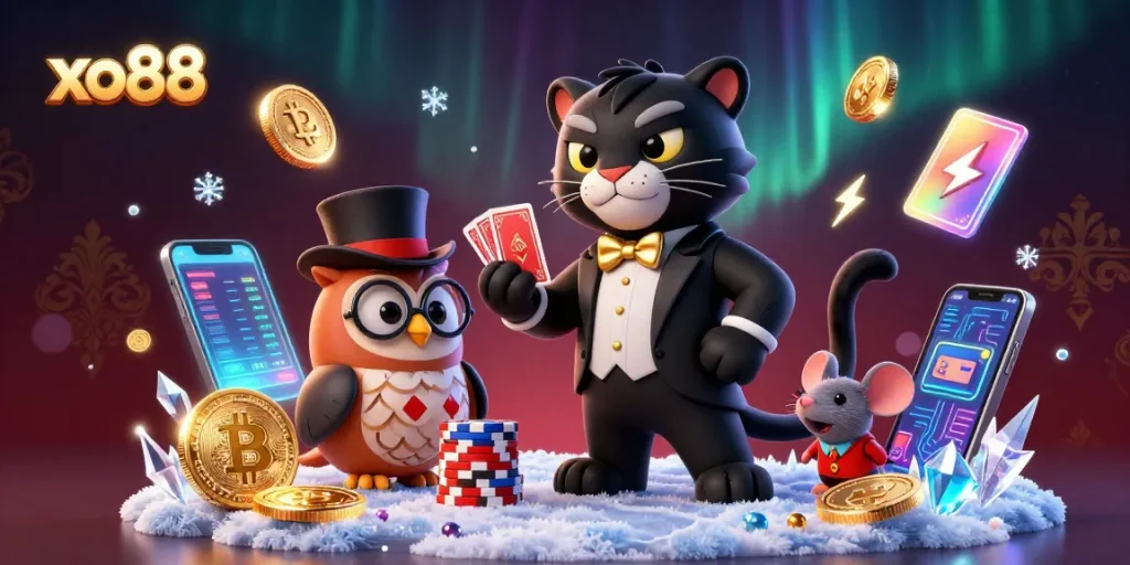 Engage in exciting games at xo88 with a 3D illustration featuring gamblers and crypto elements.