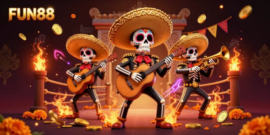Experience FUN88’s vibrant gaming scene with a 3D mariachi band amidst dynamic action elements.