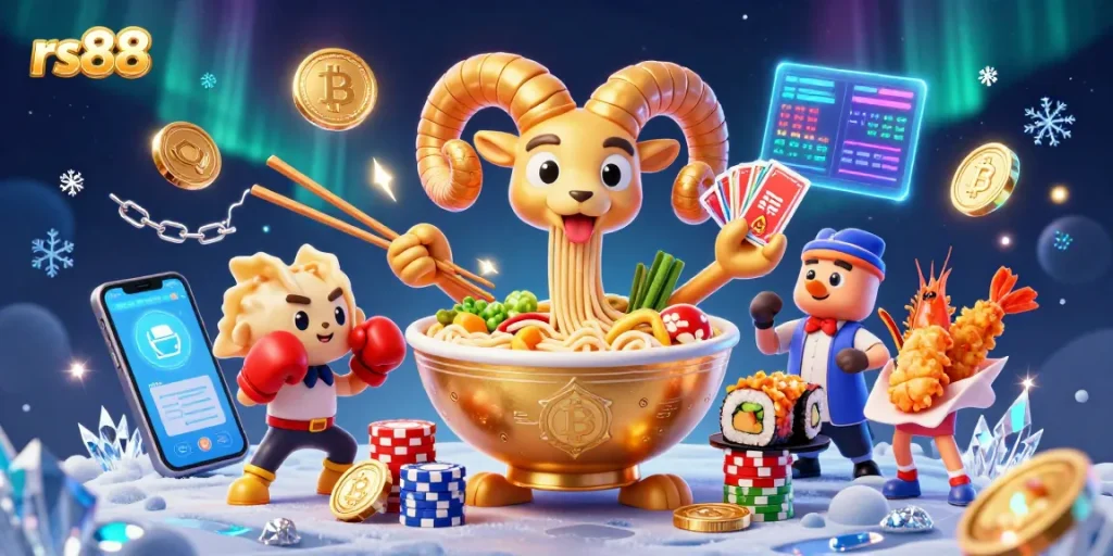 Engage with rs88's vibrant gambling scene featuring a golden ramen bowl and crypto elements.
