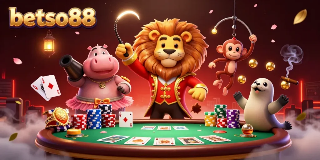 Engage with thrilling gaming at betso88, featuring vibrant characters in a dynamic casino scene.