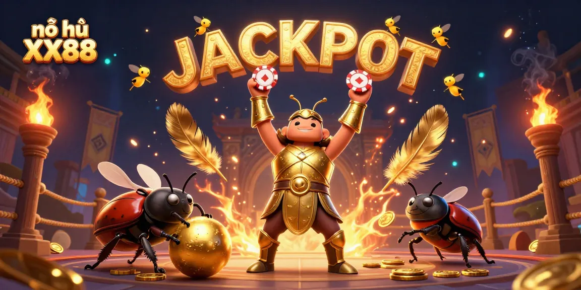 Nổ hũ XX88 jackpot scene with golden beetles and casino elements, celebrating big wins.