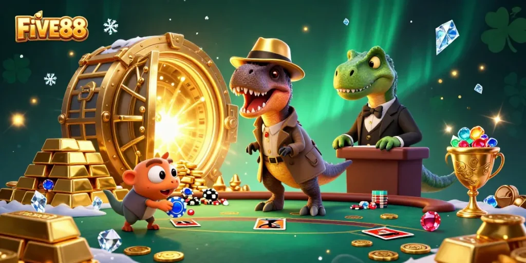 Experience thrilling moments with the FIVE88 blackjack table featuring dynamic cartoon dinosaurs.