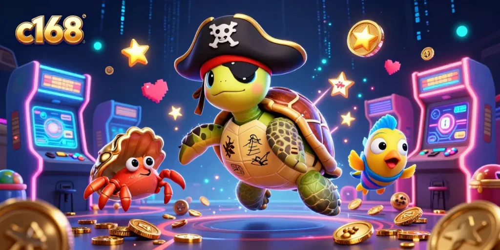 C168 players explore an immersive casino scene with vibrant 3D characters, treasure, and arcade game elements.