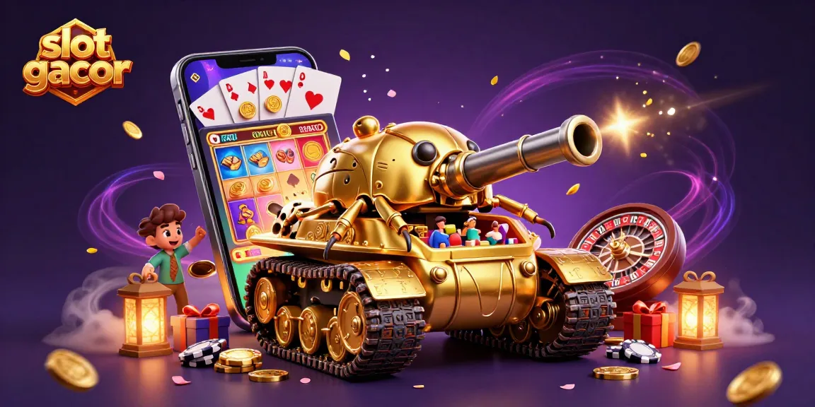 Engage with slot gacor in this vibrant scene of a golden beetle tank casino with interactive gaming elements.