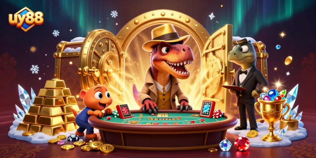Experience excitement at uy88 with a velociraptor card counter sneaking chips at a blackjack table.