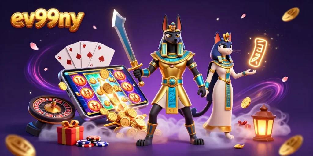 Spin and win at ev99ny with an illustrated mystical gambling scene featuring Egyptian deities.