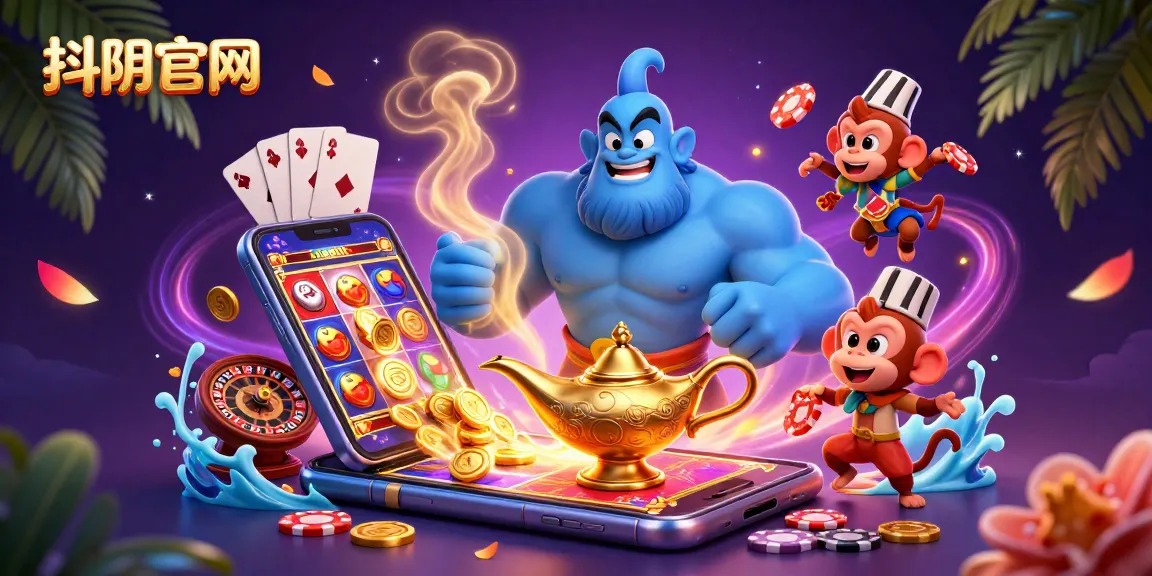 Experience the magic of 抖阴官网 with a cartoon genie and poker chips, showcasing exciting gameplay action in a vibrant 3D scene.