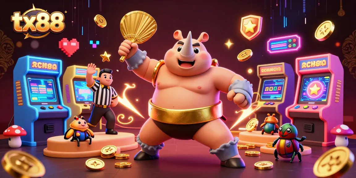 Win big at tx88 with the dynamic energy of a betting arena featuring a sumo champion and vibrant game elements.