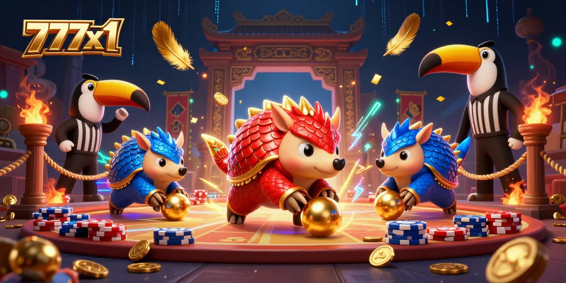 Engaging 3D illustration of pangolins competing in 777x1 casino-style game with vibrant golden elements.