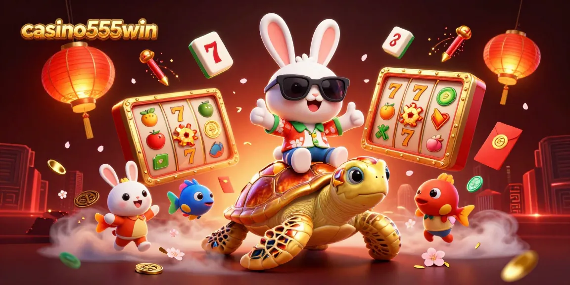 Engage with casino555win's vibrant gaming experience featuring 3D lucky rabbit and golden turtle amidst dynamic slot reels.