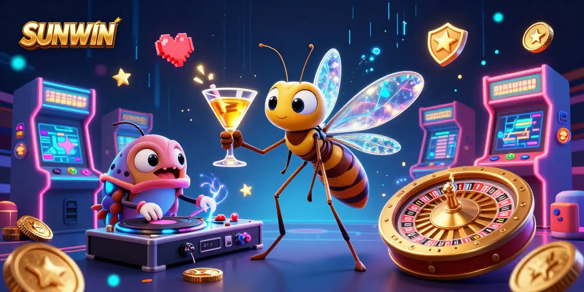 SUNWIN's captivating casino scene showcases a frozen mosquito mascot, trilobite DJ, and golden roulette wheel.