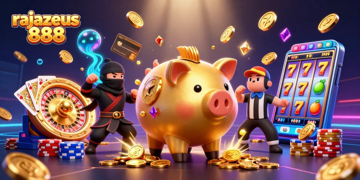 Spin the reels with rajazeus 888 as golden coins cascade from a sumo wrestler hero and fluctuate around vibrant casino elements.