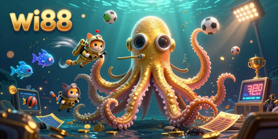 Engage with the dynamic world of wi88 as a colossal kraken and diving cat animate a festive underwater betting atmosphere