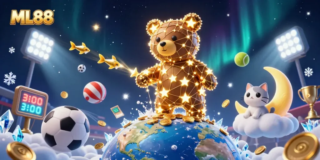 Experience the excitement of ML88 as a constellation bear scoops up coins surrounded by vibrant sports elements.