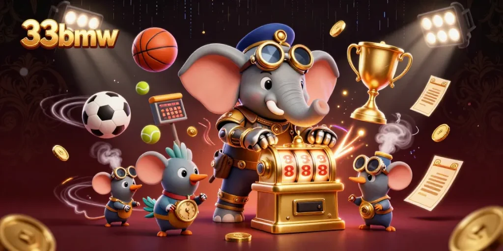Spin wins with 33bmw: A steampunk elephant engineer at a golden slot machine amidst vibrant gaming elements.