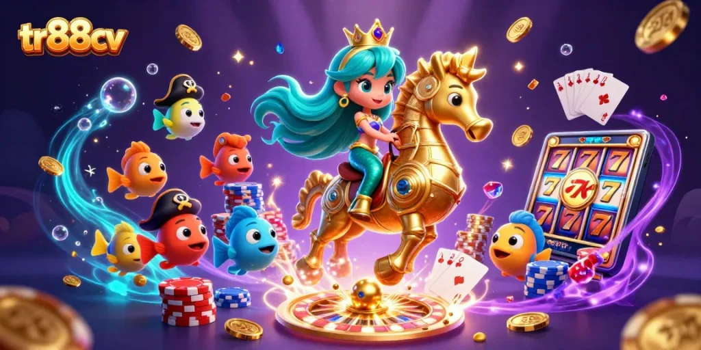 Win big at tr88cv with a vibrant casino-themed 3D illustration featuring a mermaid princess and treasures.