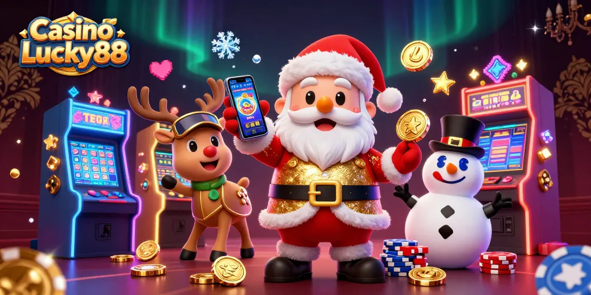 Spin jackpots at Casino Lucky88 with a festive Santa, dealer reindeer, and poker chip snowman illustration.