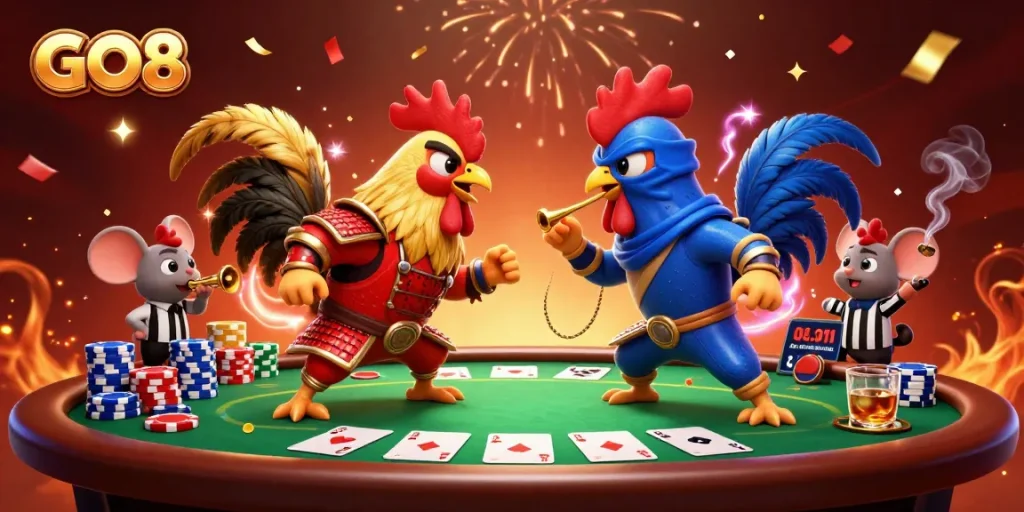 Engage with GO8's thrilling online casino experience featuring dynamic cartoon fighting roosters.