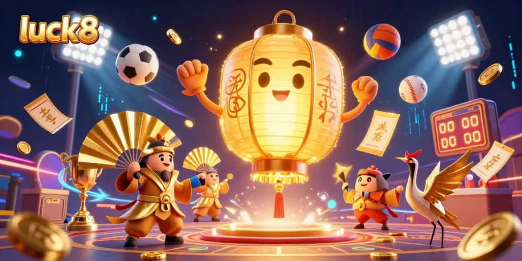 Win with luck8 in this dynamic casino scene filled with golden spirits and vibrant sports elements.