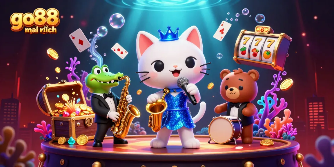 Experience the thrill of go88 mới nhất with cartoon characters amidst a vibrant casino backdrop.
