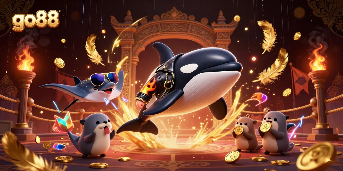 Experience the thrilling go88 casino world with an orca, stingray, and sea otters surrounded by a vibrant display of fortune.