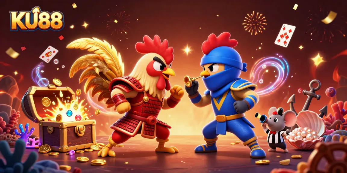 Engage in thrilling action with KU88's dynamic fighting roosters amidst a vibrant casino scene.